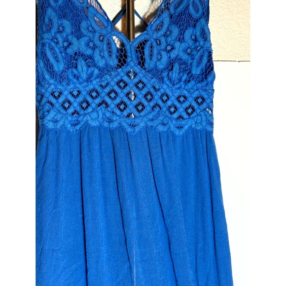 Free People One Adella Slip Dress Women M Blue Crochet Lace Detail Sheer Smocked - Picture 4 of 11